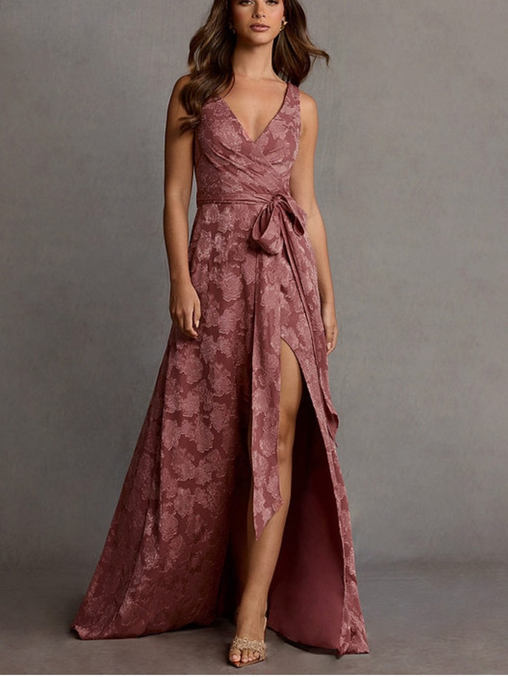 Sleeveless V-Neck Dusty Rose Lace Wrap Gown